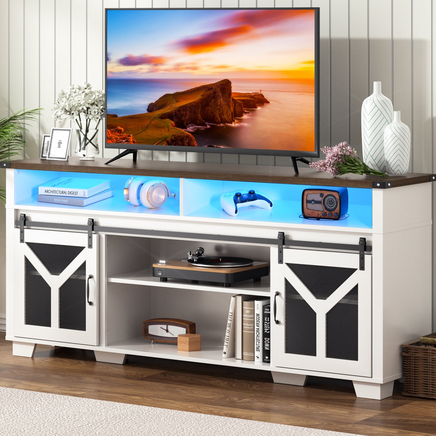 Farmhouse Barn Door LED TV Stand for 75" TVs, Entertainment Center Rustic Console Cabinet with Storage and Adjustable Shelf for Living Room Bedroom,White