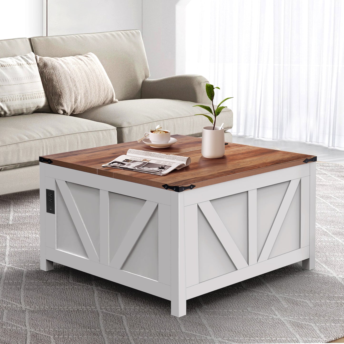 Farmhouse Lift Top Coffee Table with Power Outlets, Square Wood Center Table with Large Hidden Storage Compartment for Office Home Living Room