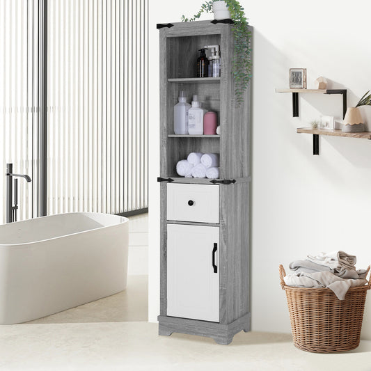 Bathroom Storage Cabinet, Freestanding Narrow Tall Tower with 3 Open Adjustable Shelves and 2 Doors for Bathroom, Living Room, Home Office